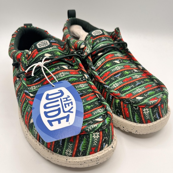 Hey Dude Wally‎ Fishmas Mens Size 10 Christmas Sweater Shoes Loafers Green NEW main image 5